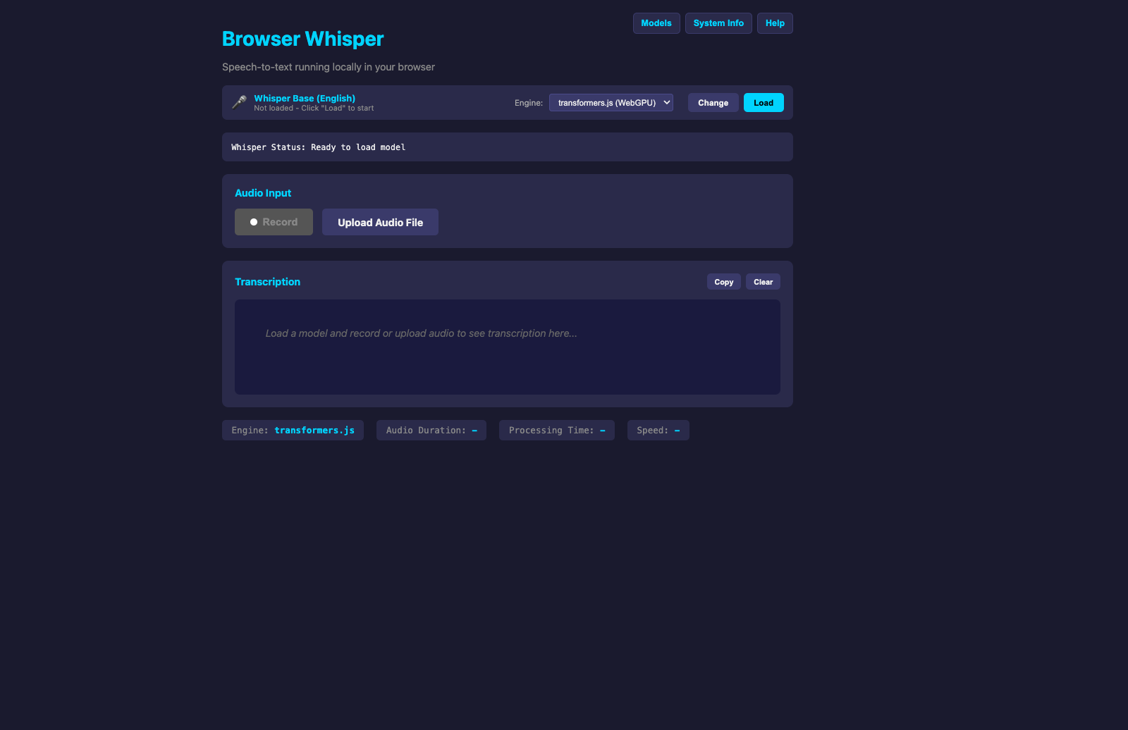 Browser Whisper Models Local Showcase screenshot