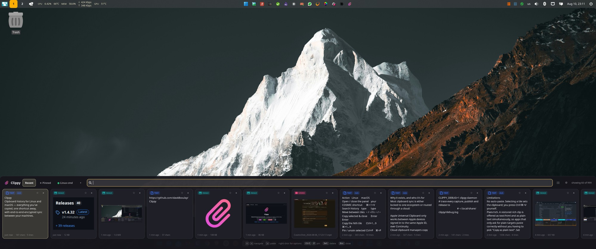 The tile panel on Pop!_OS / COSMIC