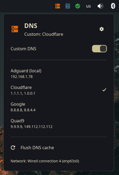 The popup — Custom DNS toggle, saved servers, and a cache flush