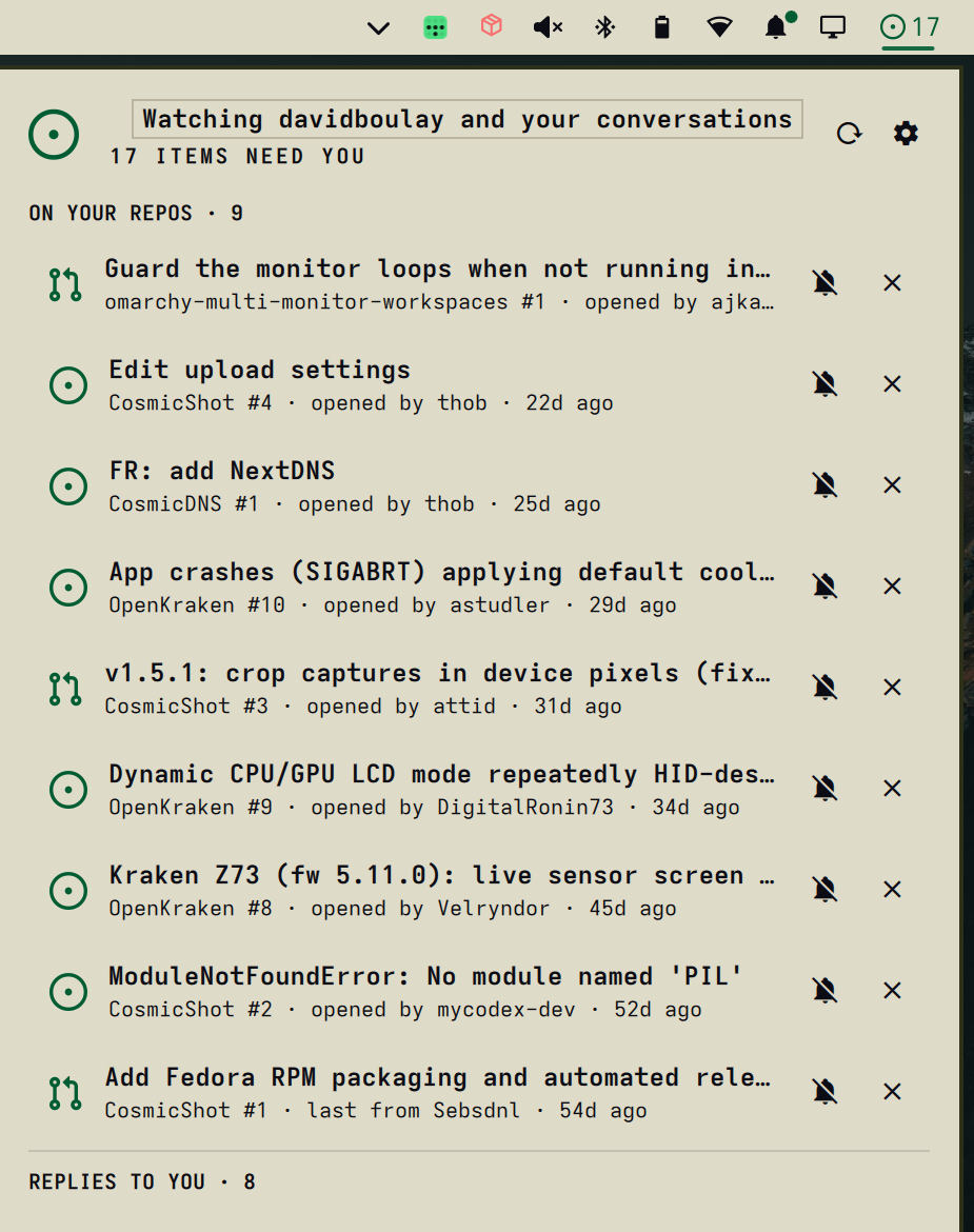 The panel — what's waiting on my repos, then replies in my own threads
