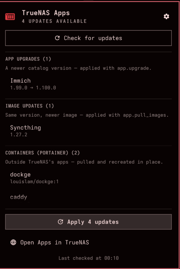 App upgrades, image updates and Portainer containers in one list