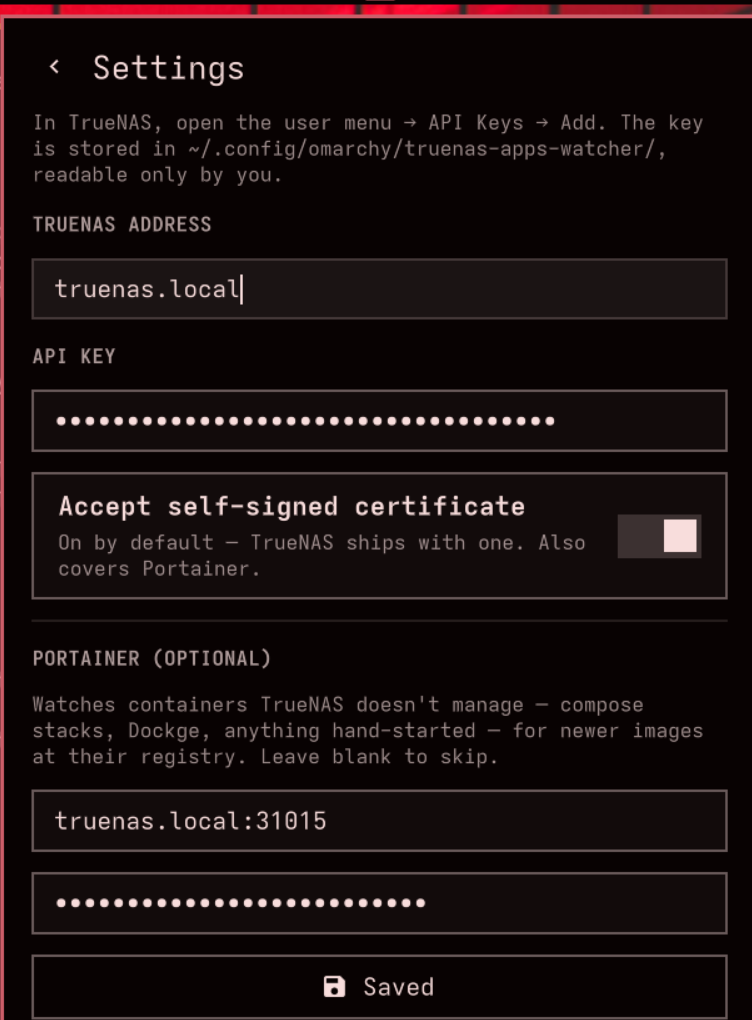 Setup — an address and an API key; Portainer is optional