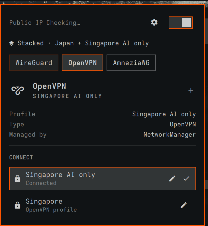 Two tunnels stacked — WireGuard and OpenVPN up together, AmneziaWG one chip away