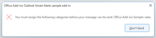 The Outlook Smart Alerts error message when required categories are missing from the message or appointment being sent.