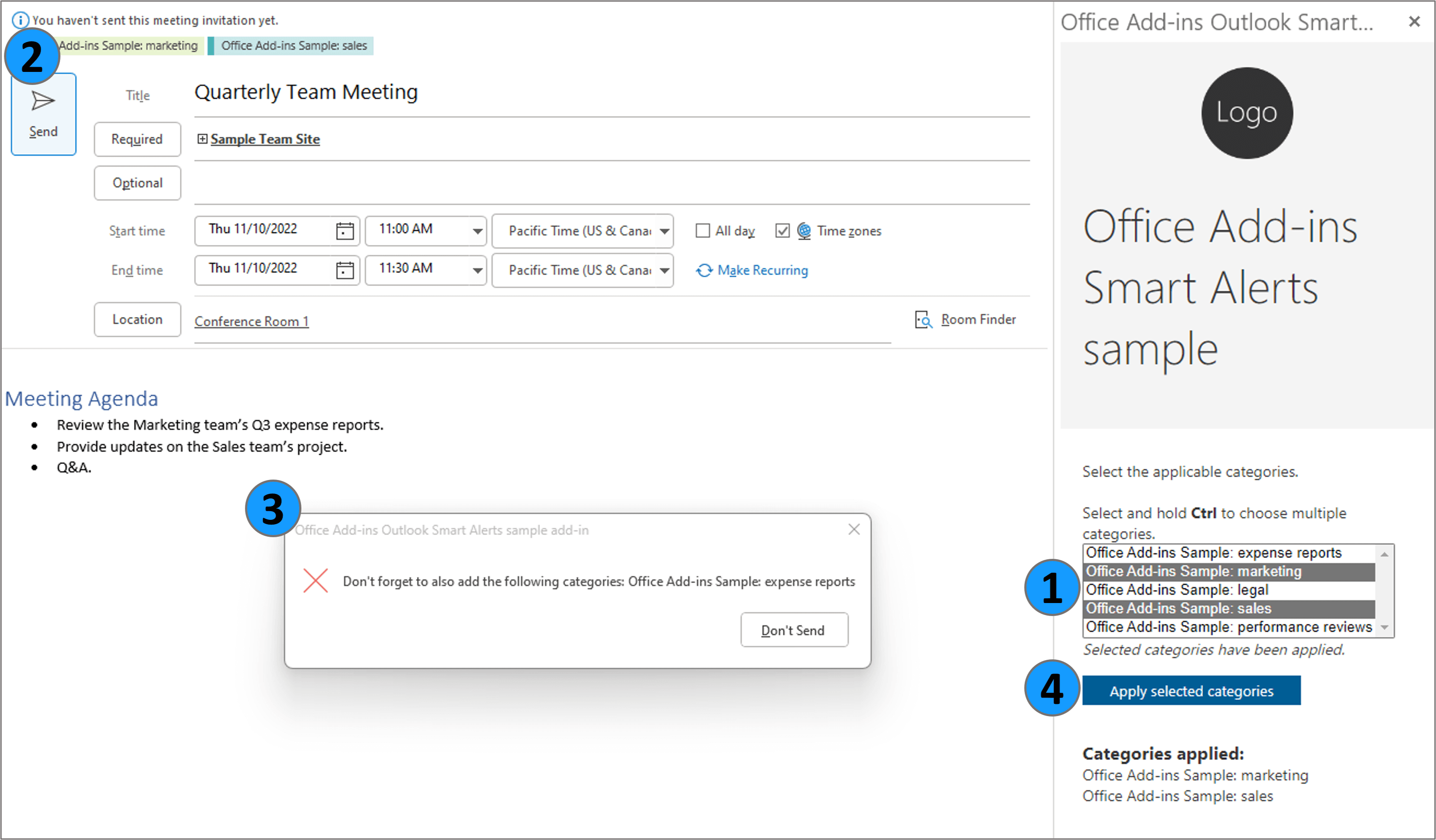 Sample displaying Outlook Smart Alerts when required categories are missing from the message or appointment, and the task pane used to apply the categories to the item. Four features are highlighted.
