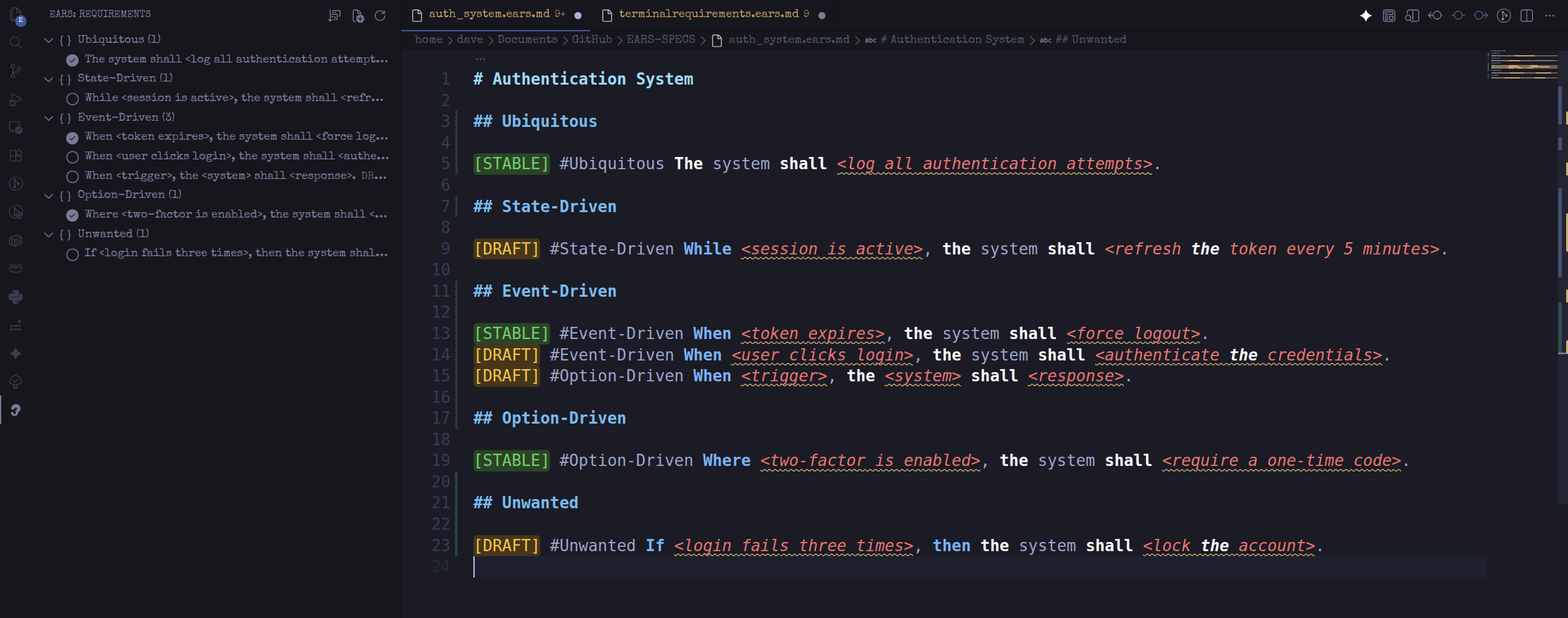 EARS Specs in action — a requirements document organised into the five EARS types, with syntax highlighting, STABLE/DRAFT status badges, and the auto-classifying sidebar