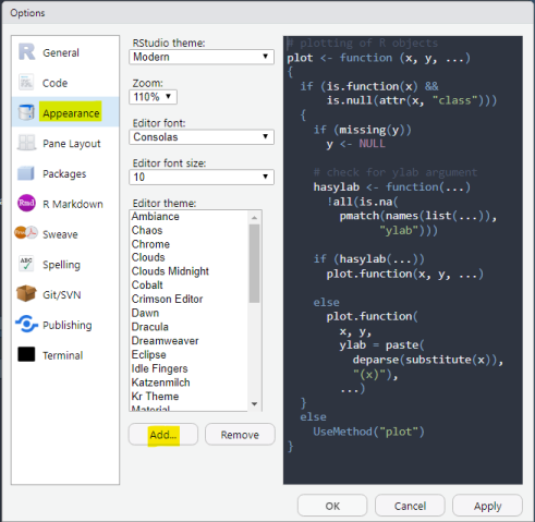 Add Theme option in RStudio Global Preferences Menu