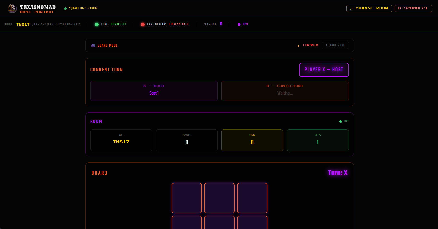 TexasNomad Games Host Panel game controls