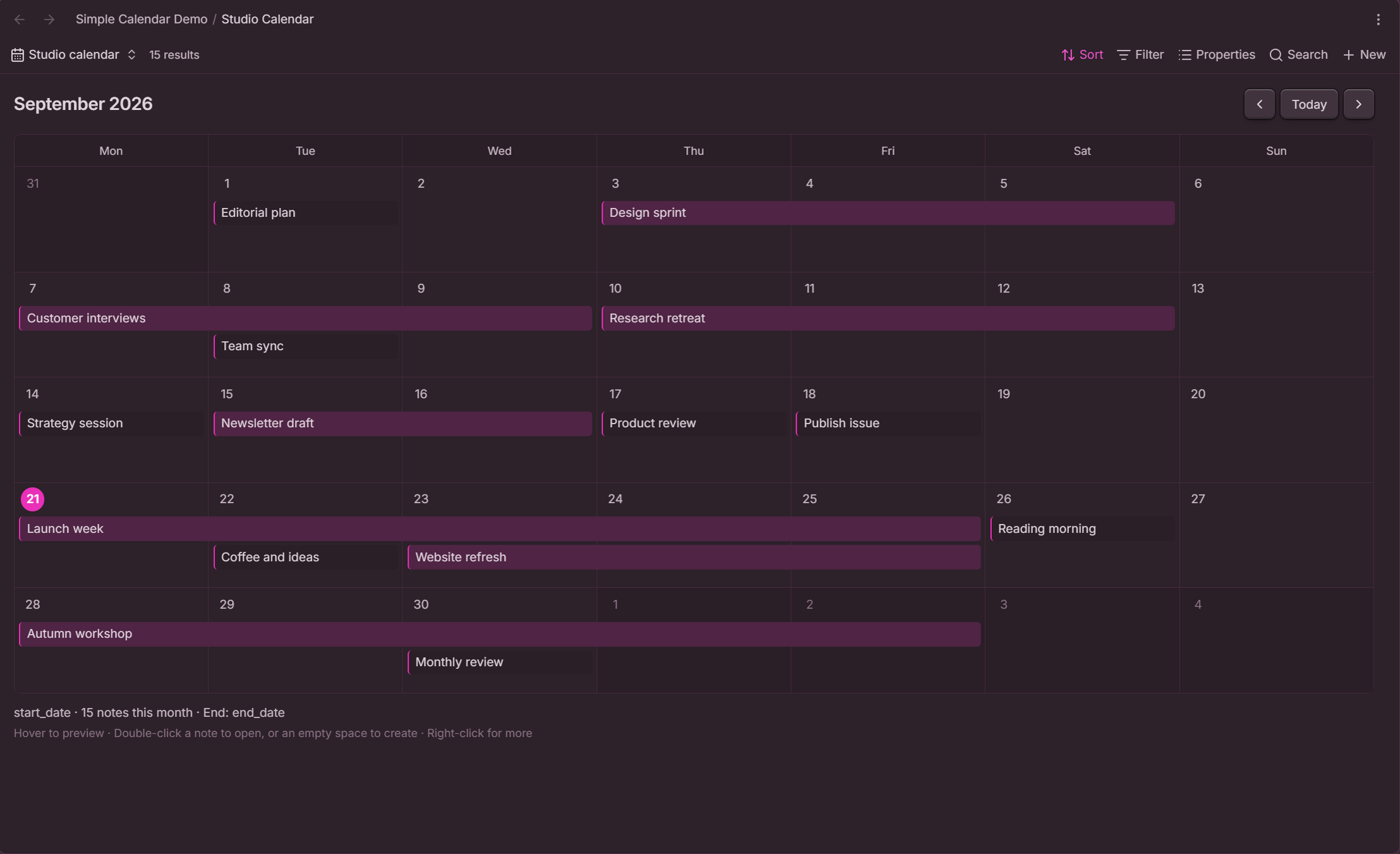 A month of single-day events and continuous multi-day bars in Obsidian