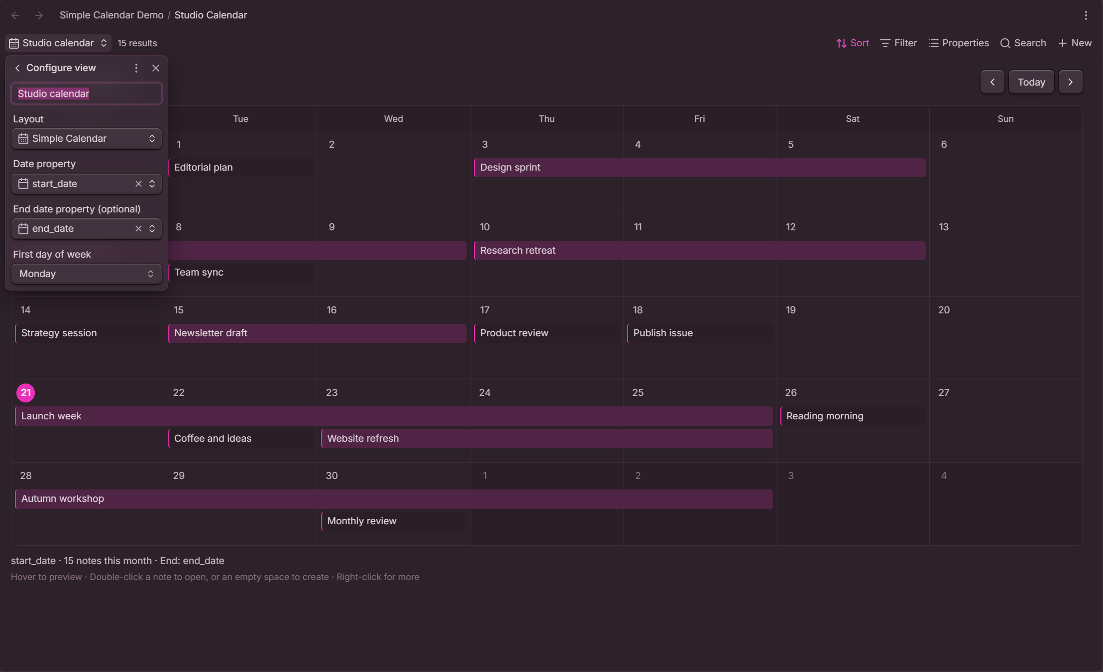 Bases view settings with both start and end date properties selected