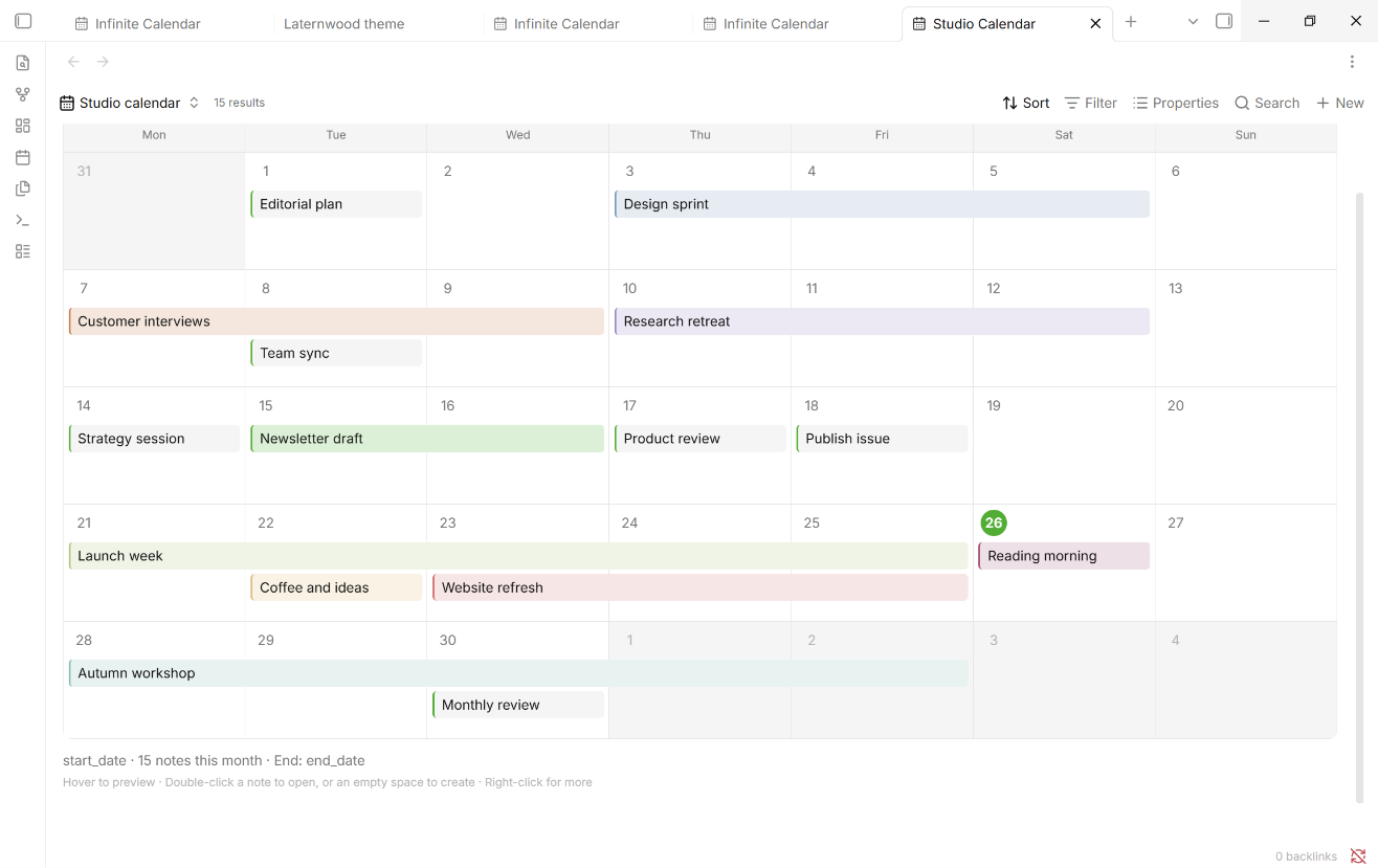 Calendar notes with different palette and hex colors, alongside notes using the default appearance
