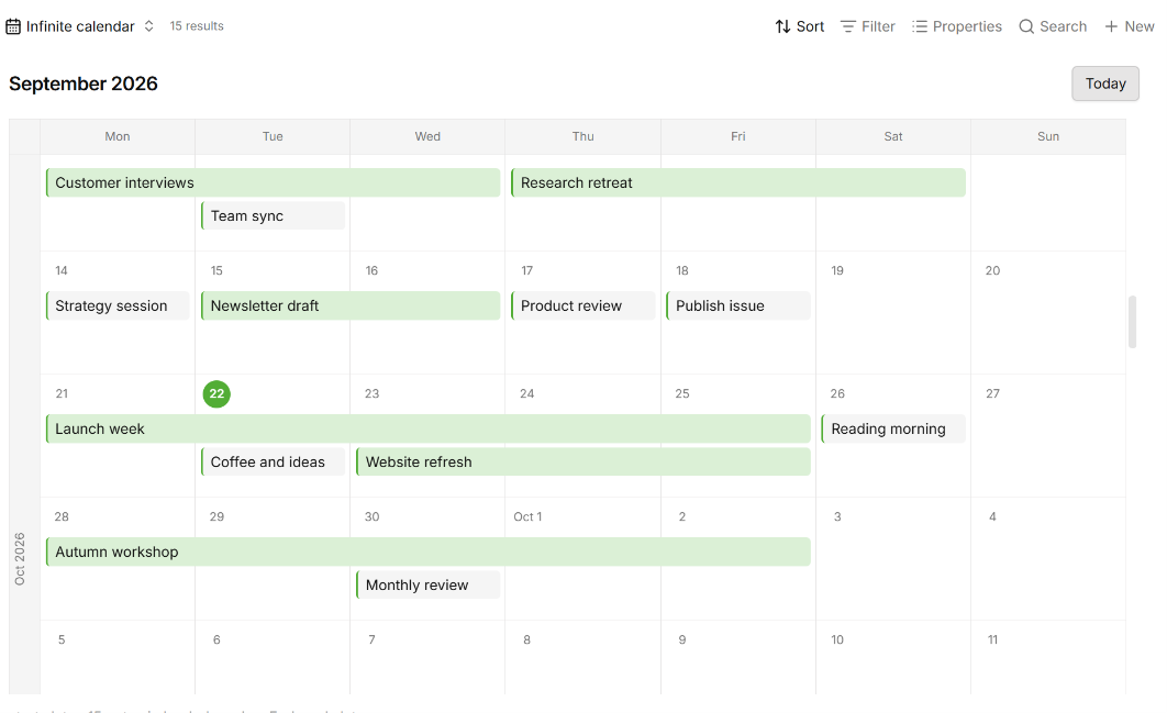 Infinite Calendar with continuous weeks, multi-day notes, and a month marker in the left margin