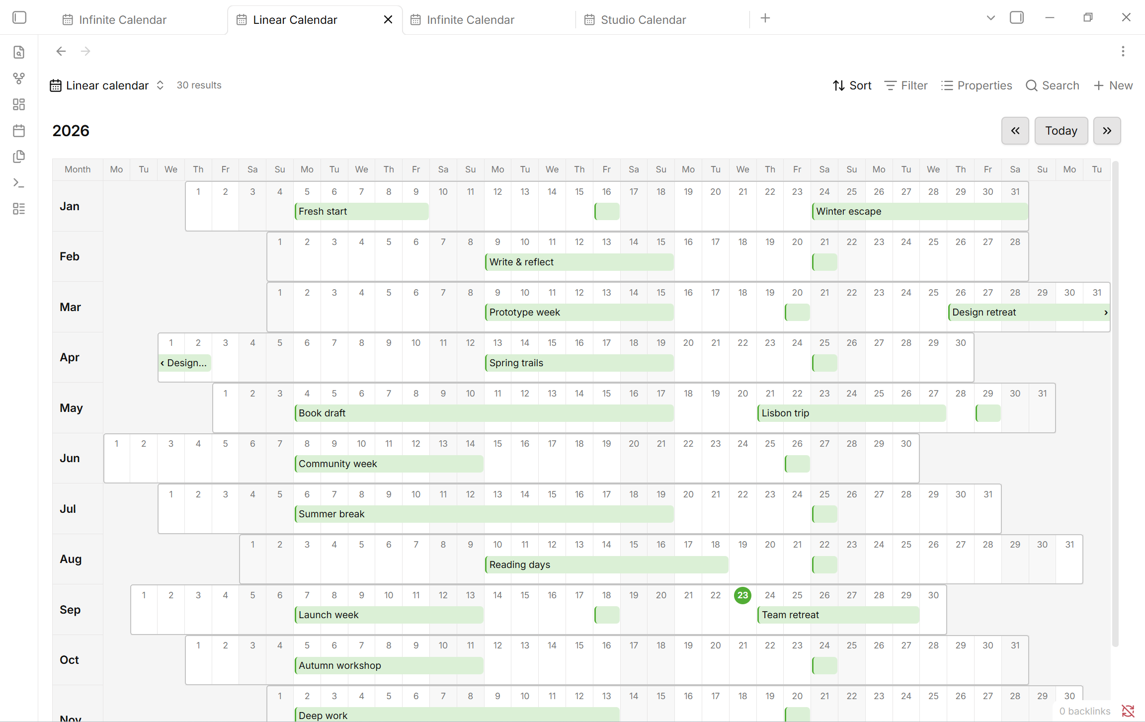 Linear Calendar with outlined month rows, multi-day bars, and single-day color blocks