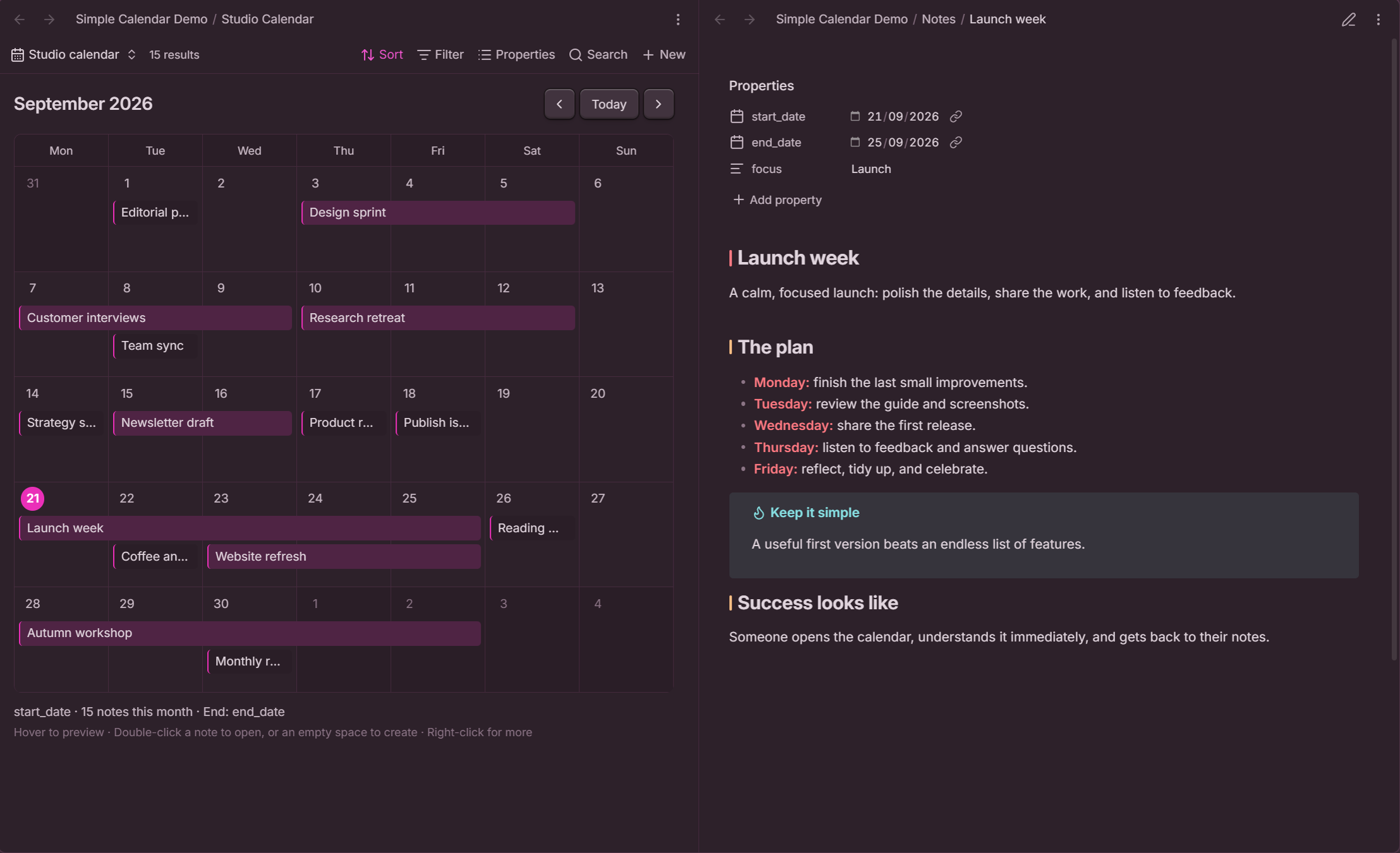 The calendar on the left with Launch week open in a right-hand pane