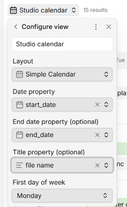 Bases view settings showing the optional title property selector
