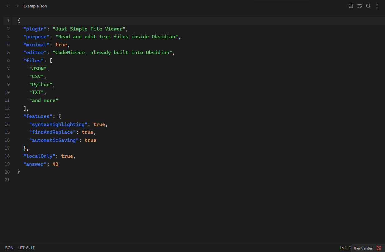 JSON source editing in Obsidian with syntax highlighting, line numbers and a compact file status bar