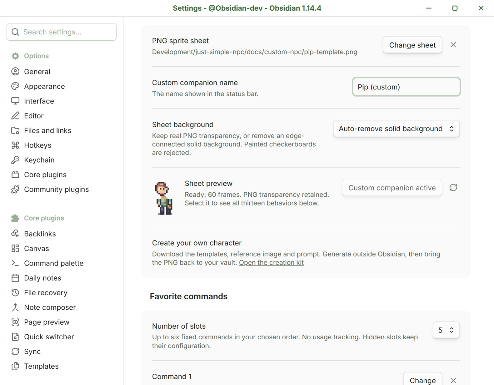 Custom companion settings with a selected PNG, name, transparency options and animated preview