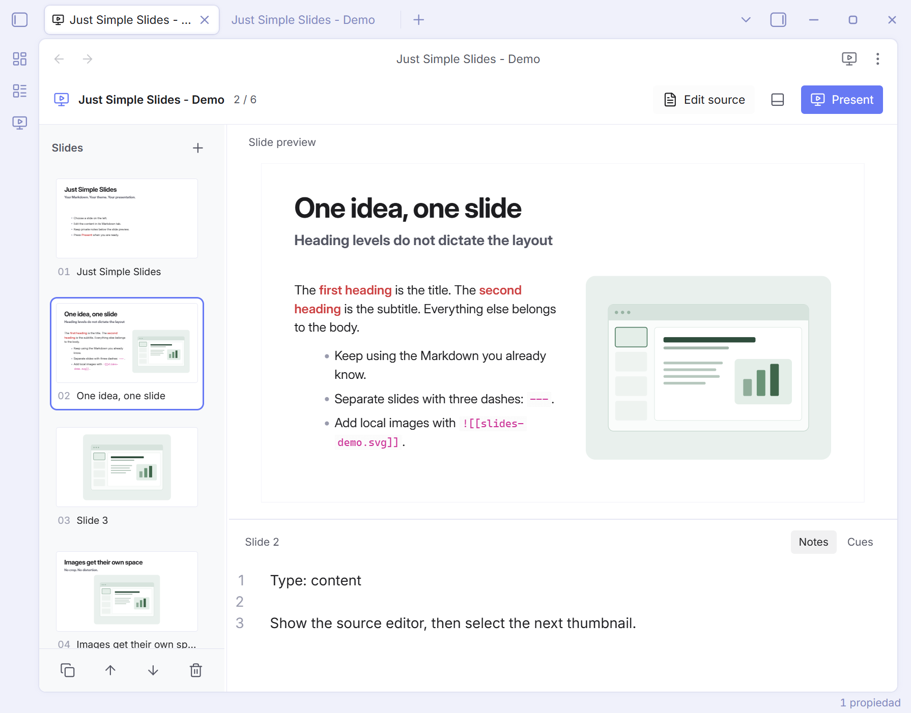 Native Markdown and Just Simple Slides tabs, with thumbnails, automatic text-and-image layout, and private notes