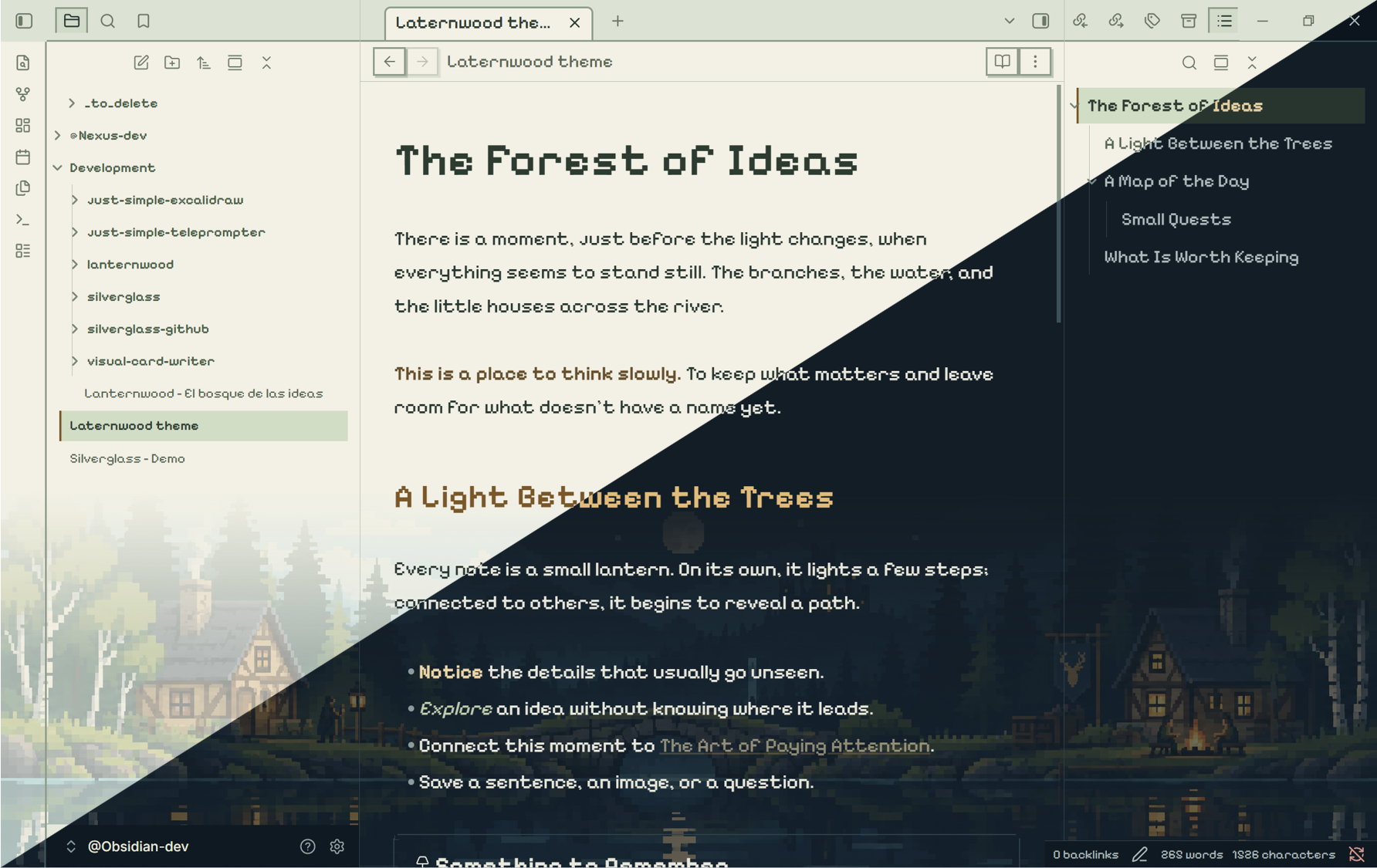 Classic pixel forest — light and dark Obsidian comparison