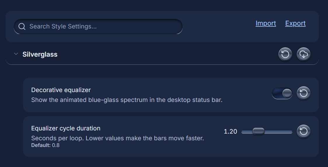 Silverglass Style Settings controls for toggling the equalizer and adjusting its speed