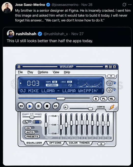 The original X post by Jose Saez-Merino quoting Rushil Shah, featuring the silver-and-blue Winamp interface that inspired Silverglass