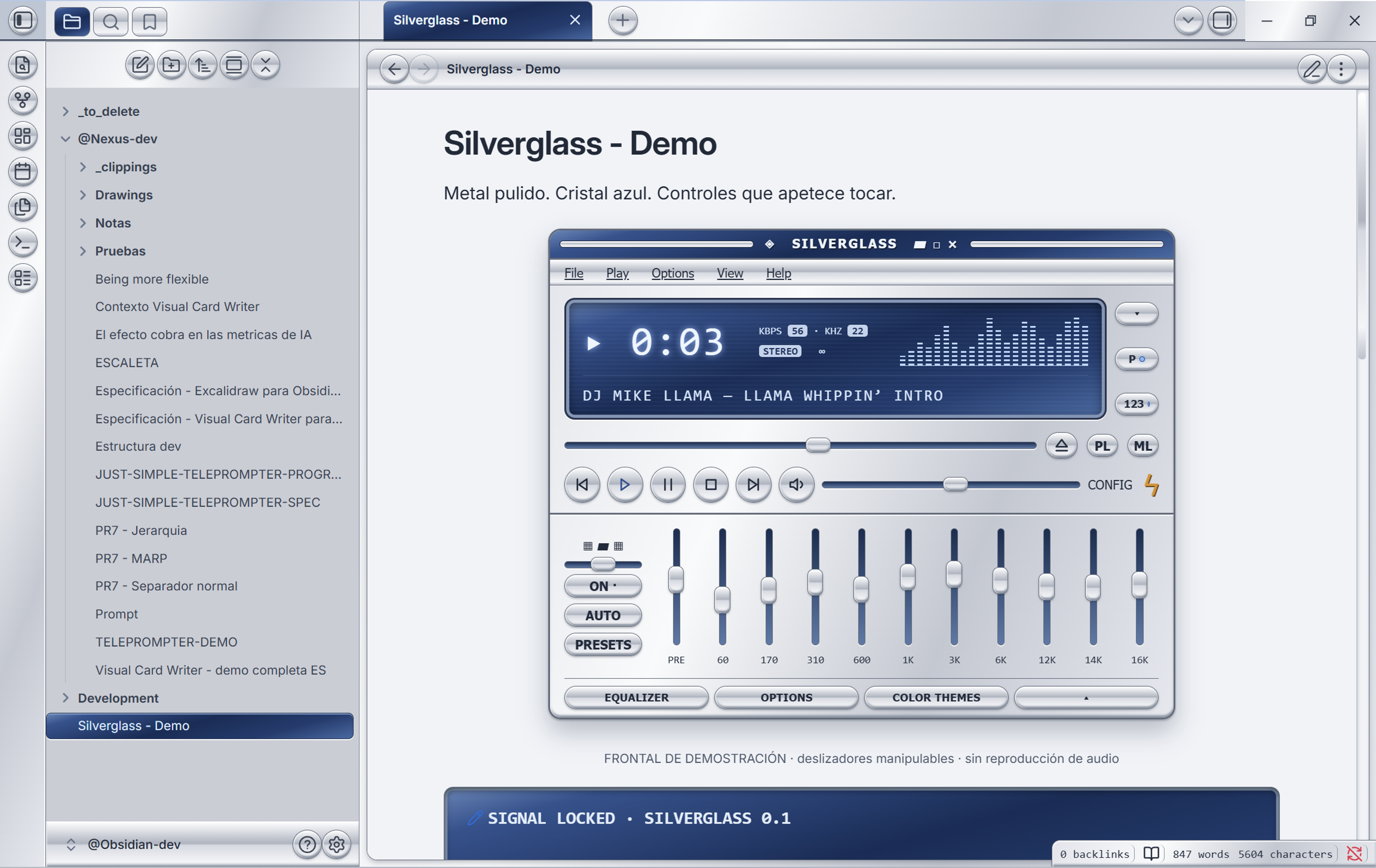 Silverglass in light mode, with silver panels and blue glass