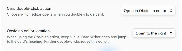 Visual Card Writer settings: Card double-click action set to Open in Obsidian editor and Obsidian editor location set to Open to the right