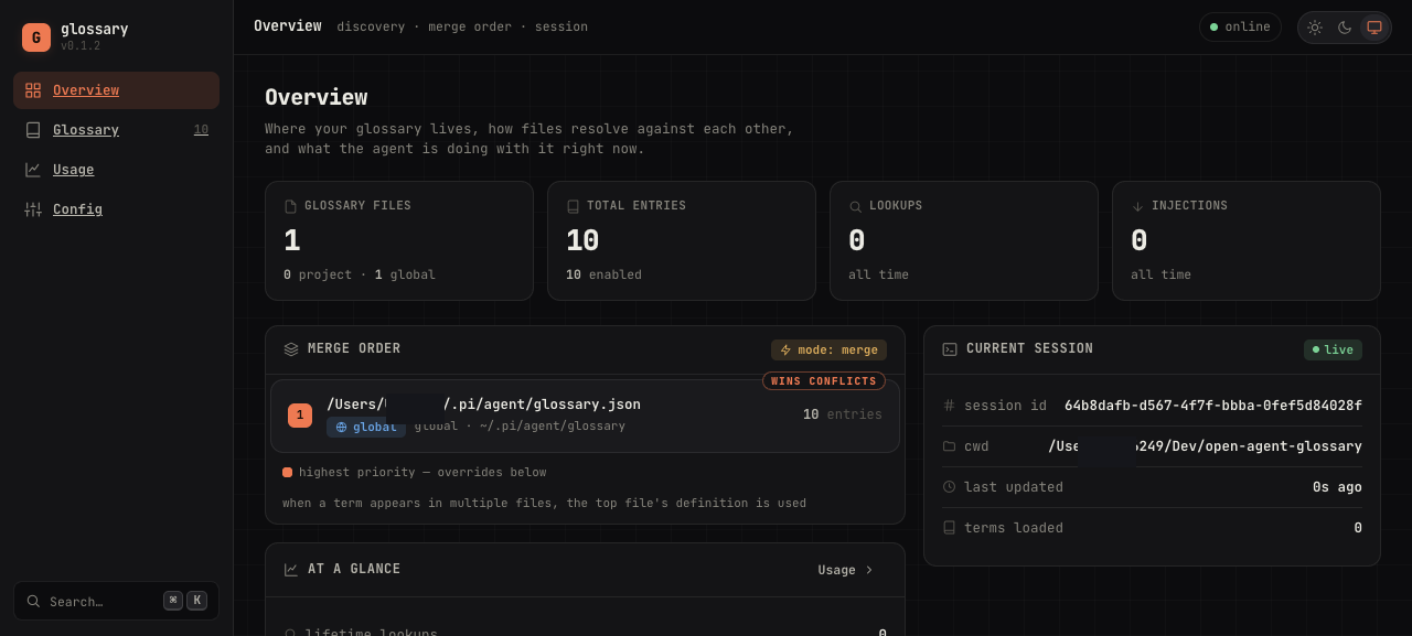 open-agent-glossary UI overview
