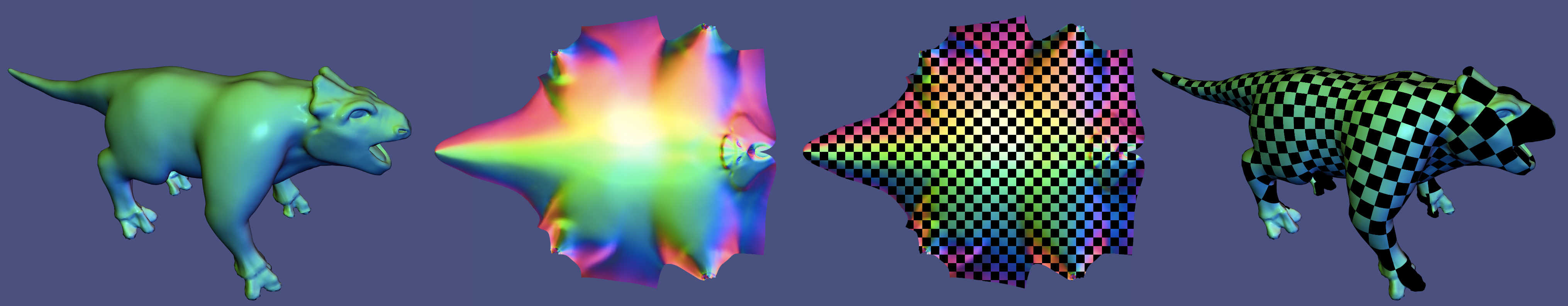 The animal model is a seemingly closed surface, but it has been cut so that its parameterization is possible and has relatively low area distortion.