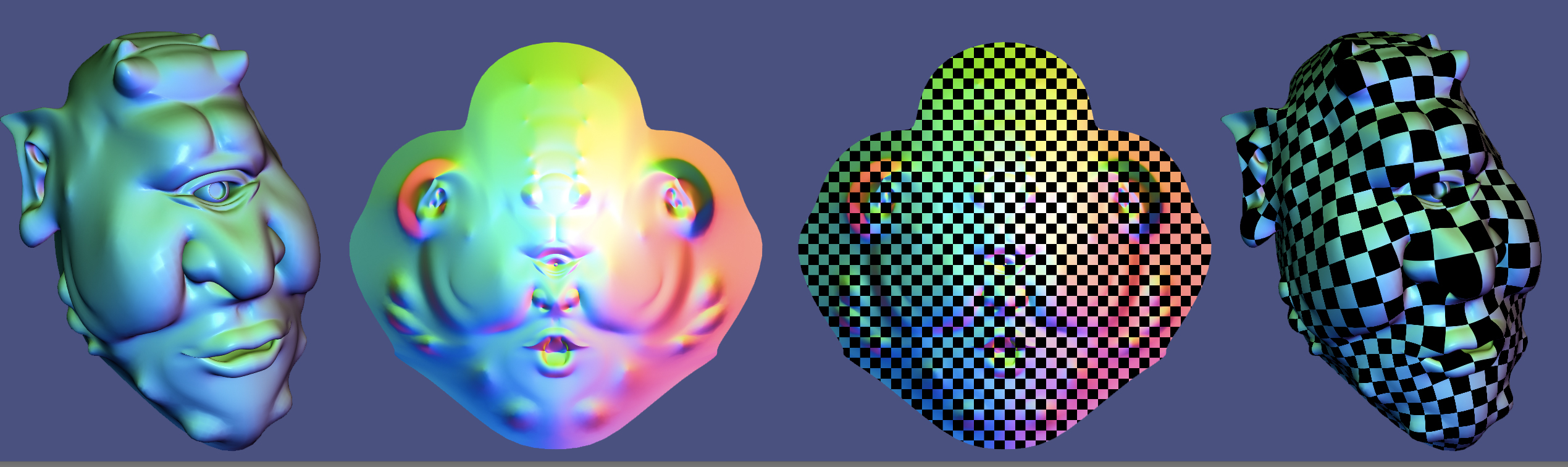 The least squares conformal mapping of the 3D Ogre mesh with natural boundary conditions produces a more smooth, less distorted and canonically aligned parameterization than the Tutte embedding above.