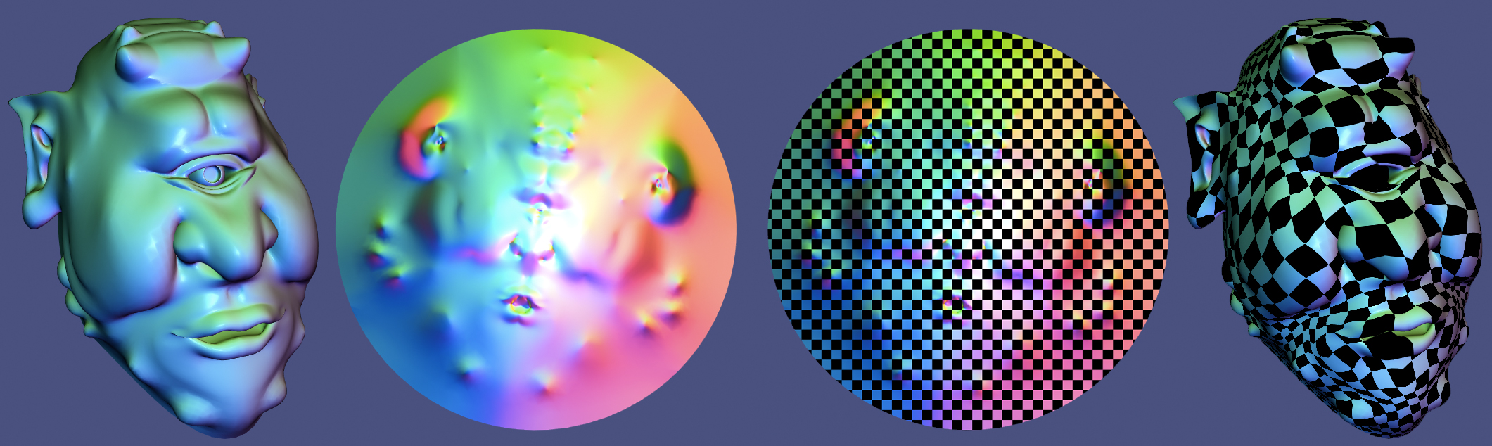 The Tutte embedding of the 3D Ogre mesh leads to severe distortion. Overlaying a checkerboard pattern on the 2D domain and visualizing it on the 3D surface shows the wobbliness of the non-smooth mapping and stretching.