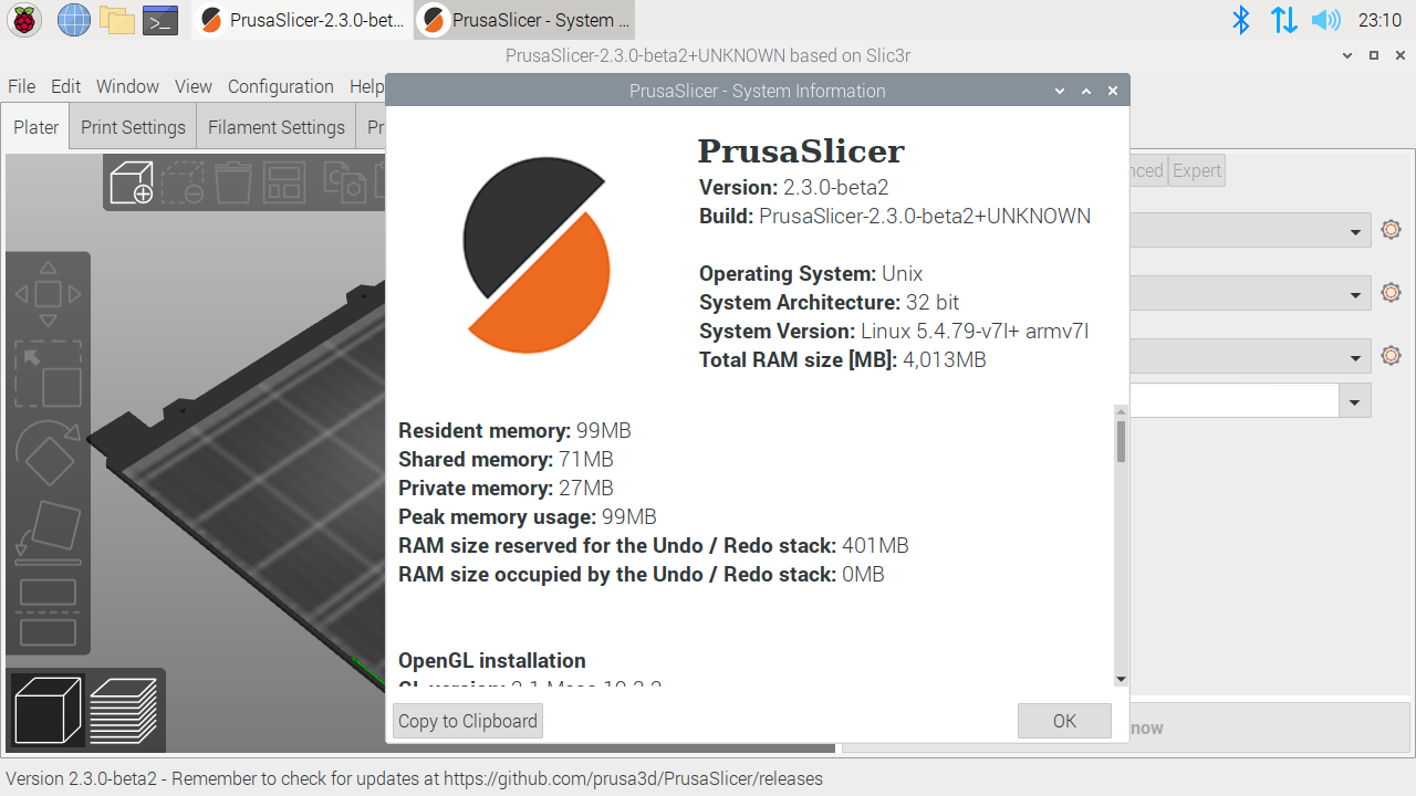 Screenshot showing PrusaSlicer running on a Pi with system details