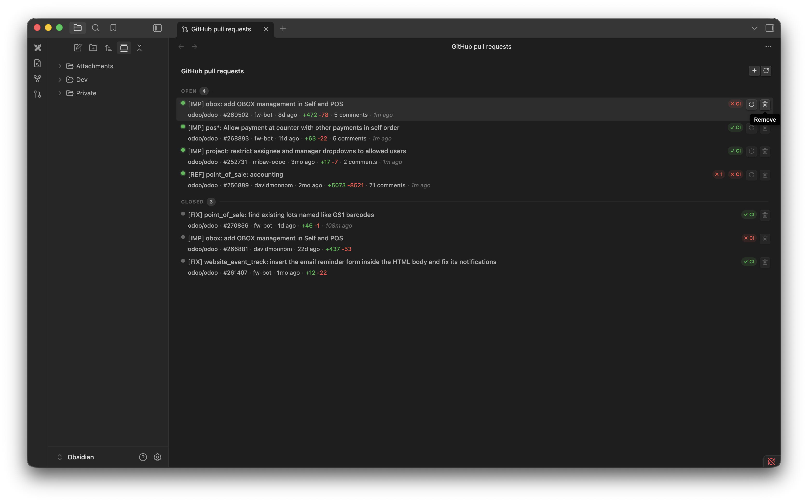 Obsidian PR Tracker sidebar showing open and closed pull requests