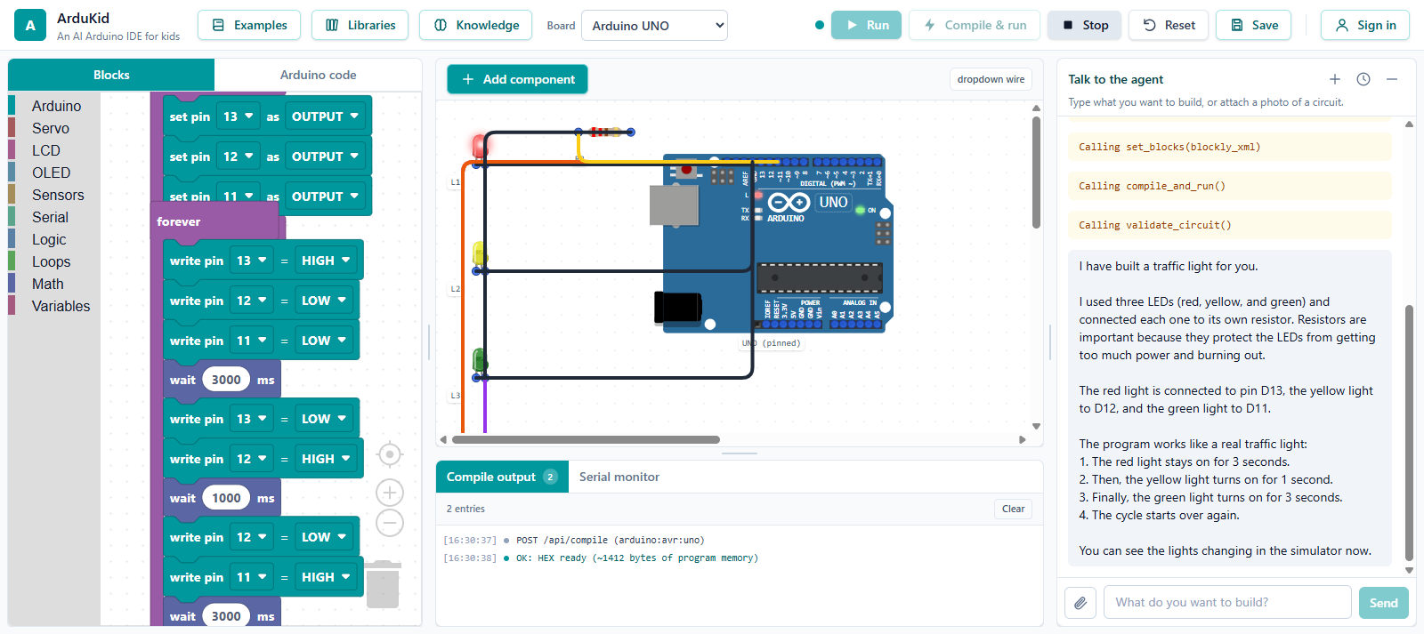 A traffic light built and running in ArduKid