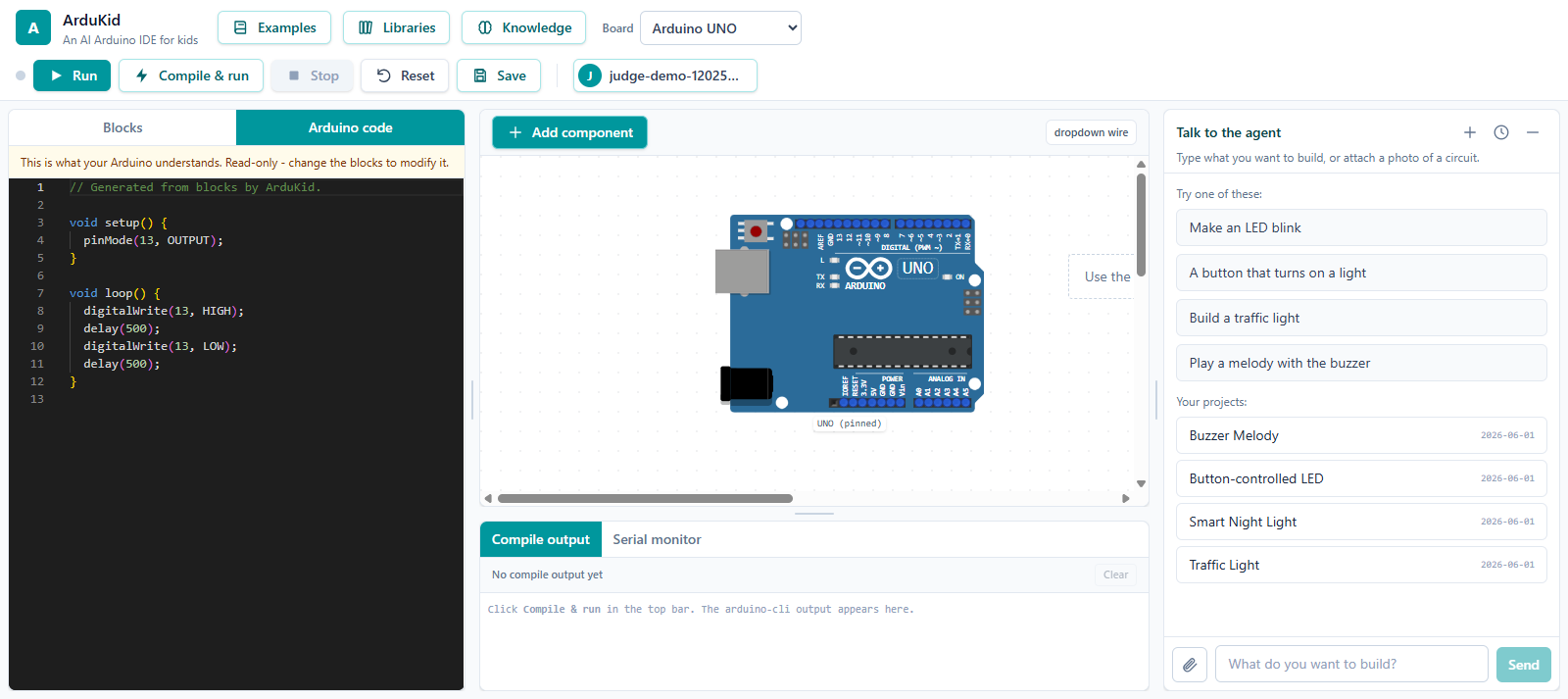 The generated Arduino C++ shown read-only