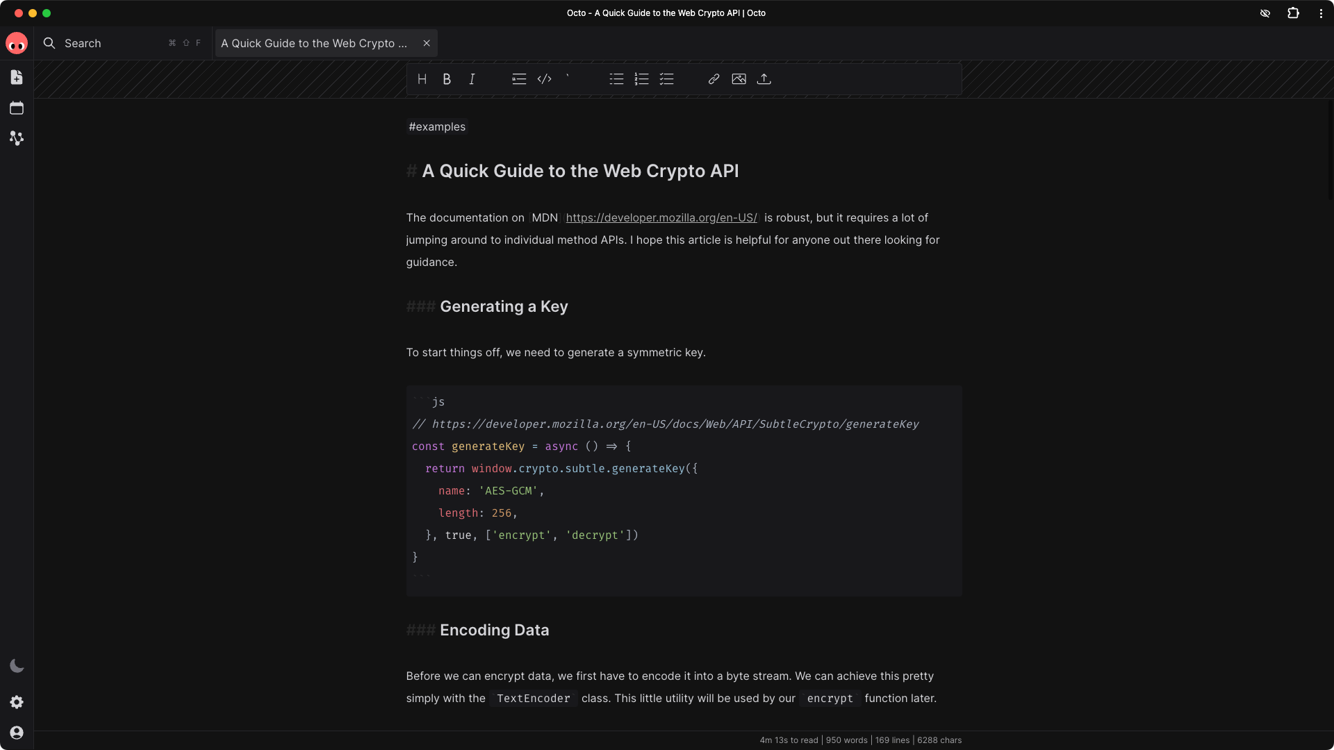 Shows the Octo app with an open tab containing a markdown document.