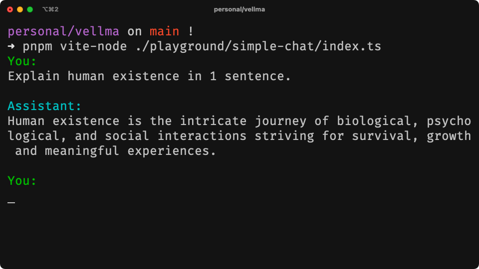 A screenshot of a terminal-based conversation between an AI language model and a human