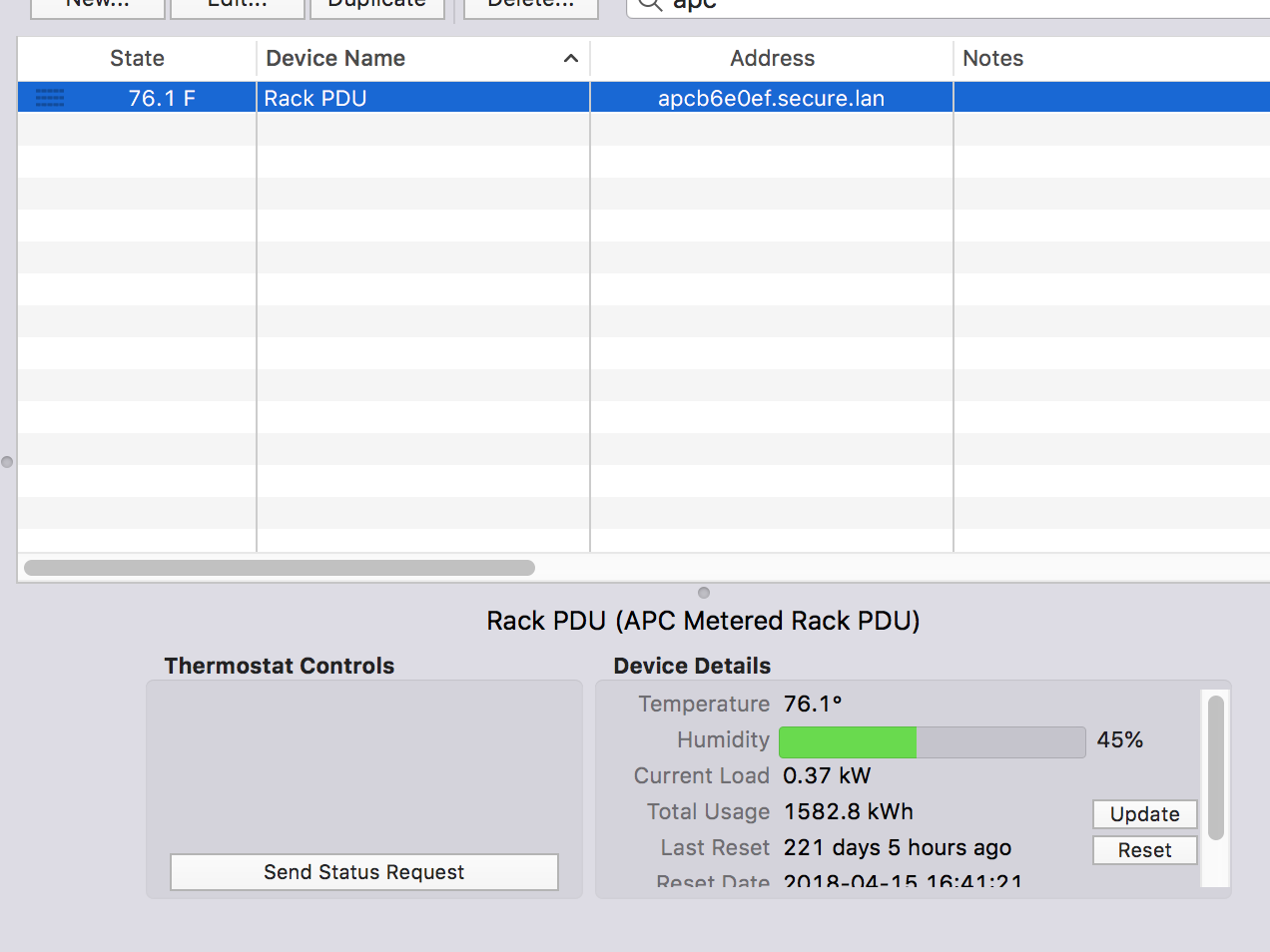 Screenshot of Rack PDU in Indigo