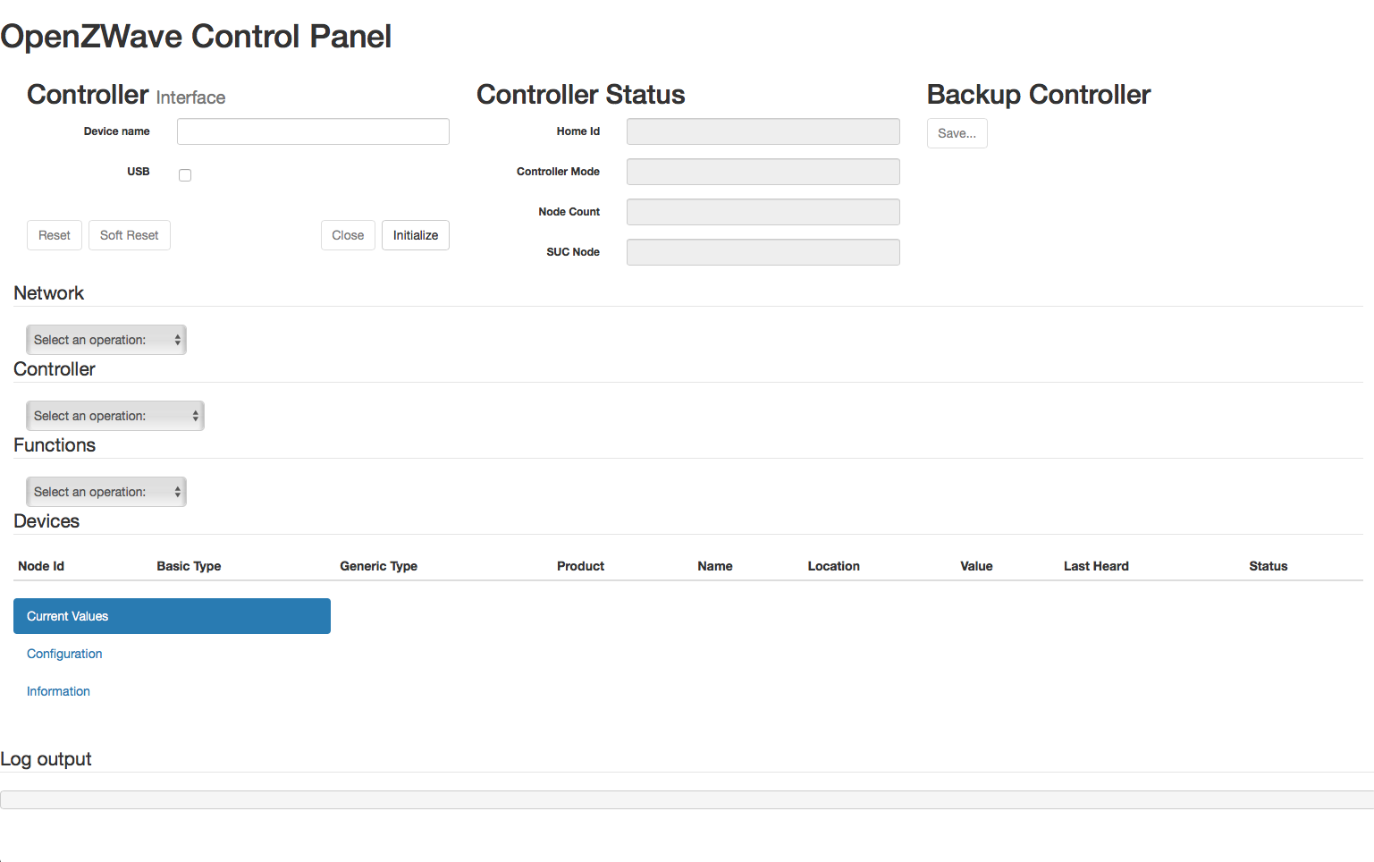 OpenZWave Control Panel running