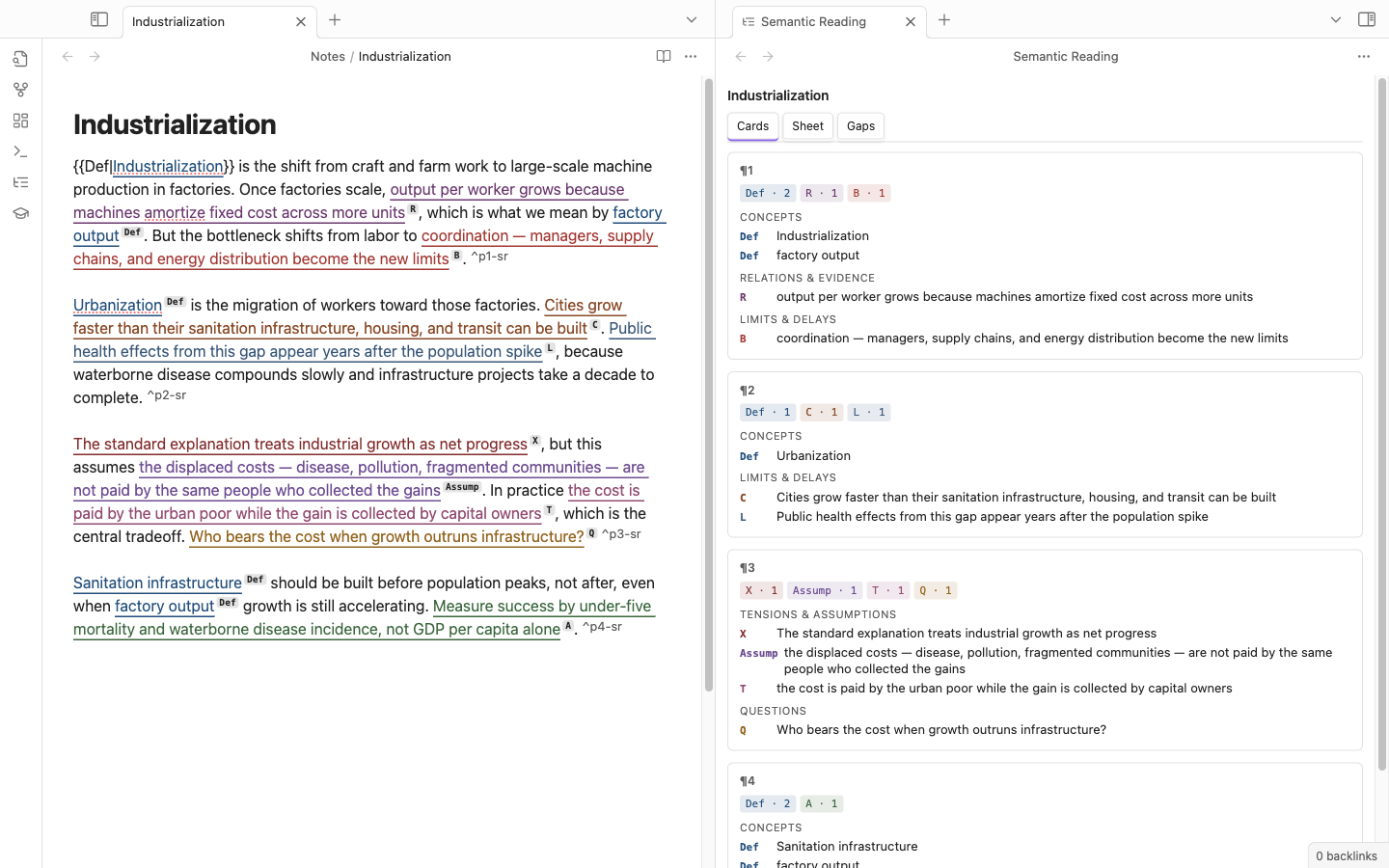 Cards view alongside its source note, tags grouped into Concepts / Anchors / Constraints / Tensions