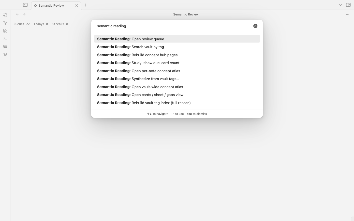 Command palette filtered to "semantic reading" showing every command