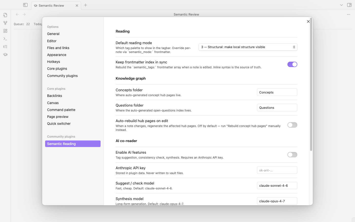 Settings panel — Reading / Knowledge graph / AI co-reader sections