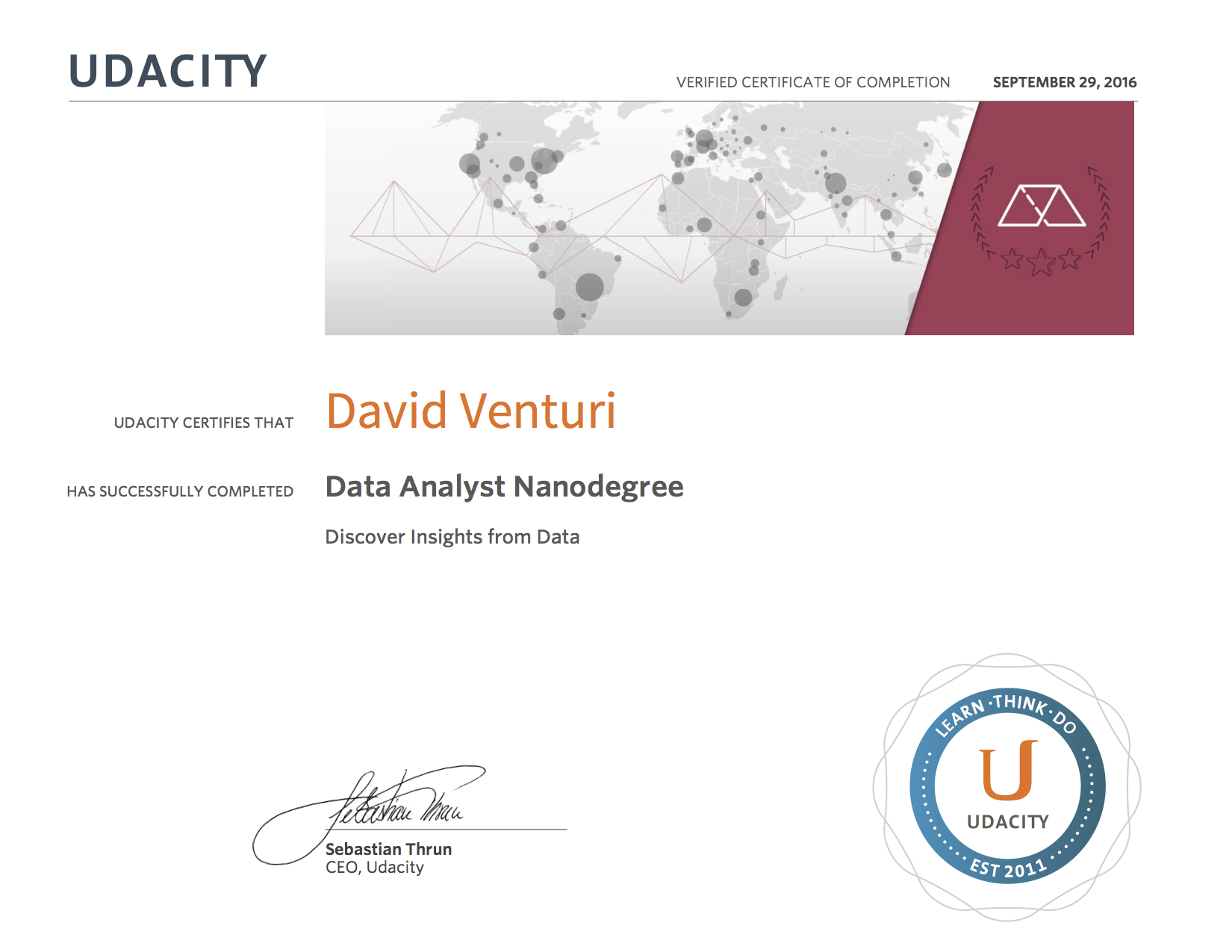 Udacity Data Analyst Nanodegree certificate