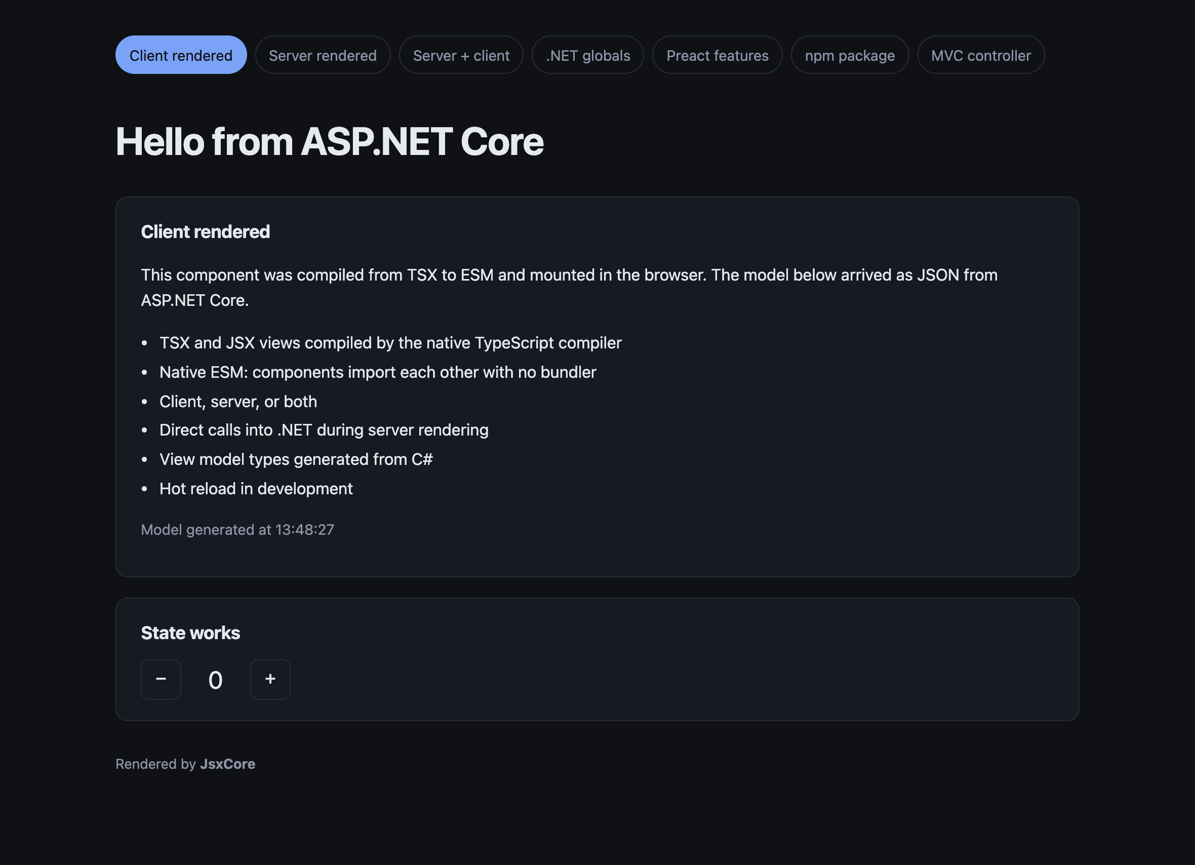 A client-rendered JsxCore view, with a working counter