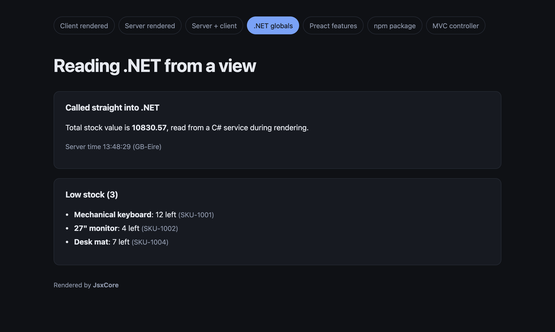 A server-rendered view reading values from a .NET service