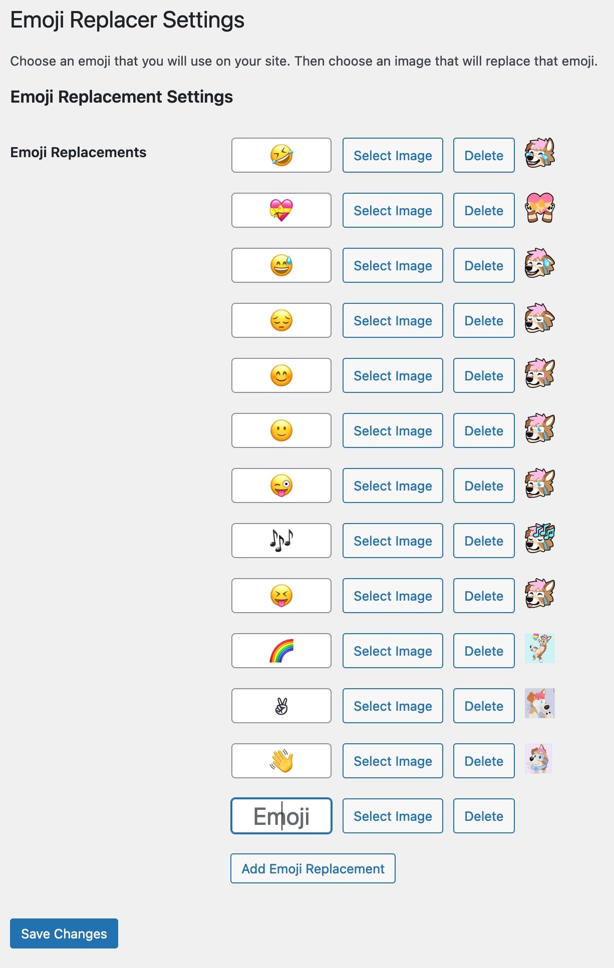 Settings page where you can add and manage emoji replacements. Settings page where you can add and manage emoji replacements.