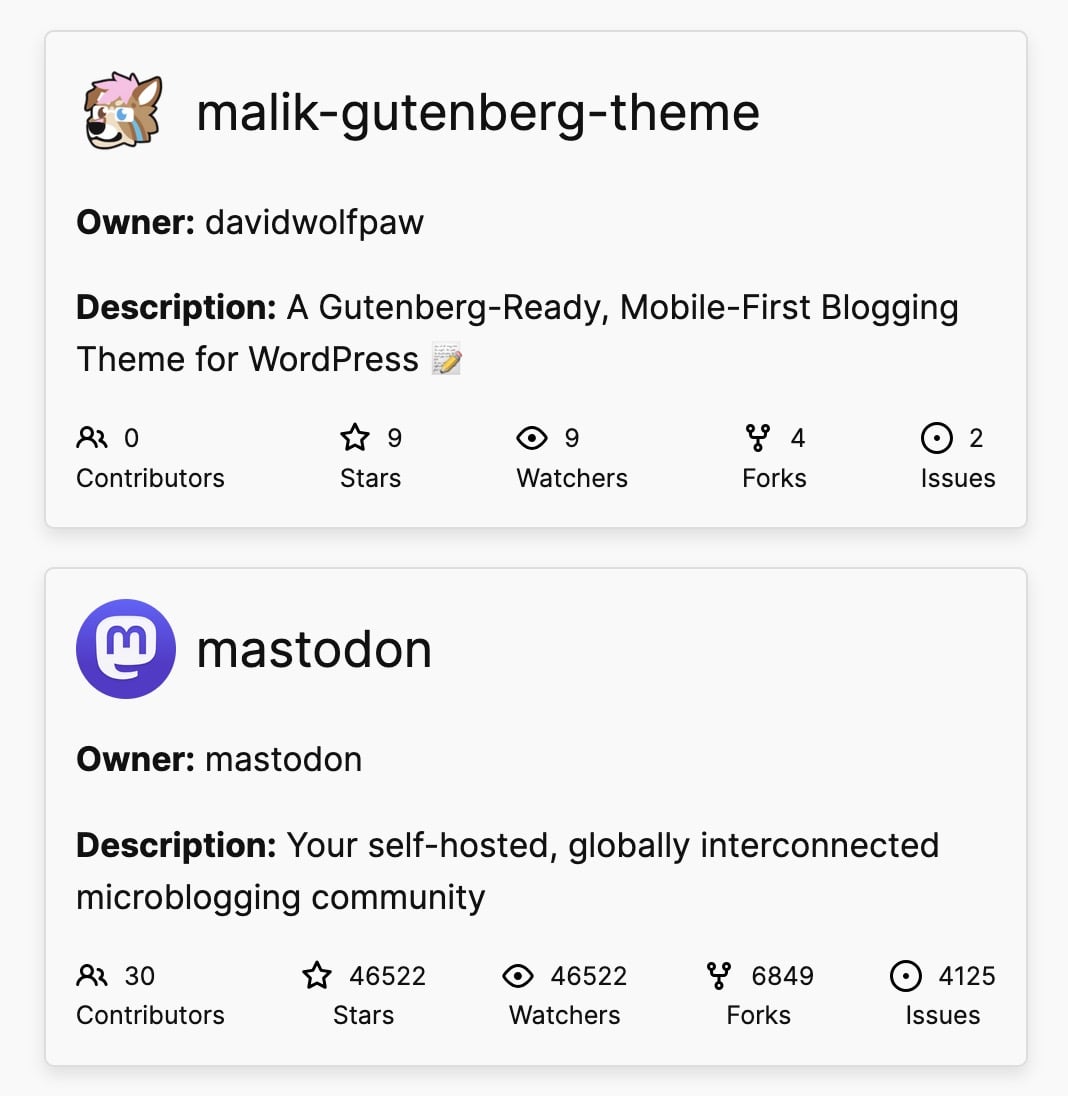 Screenshot of frontend of GitHub Repo Card Block, showing two blocks from two different owners Screenshot of frontend of GitHub Repo Card Block, showing two blocks from two different owners