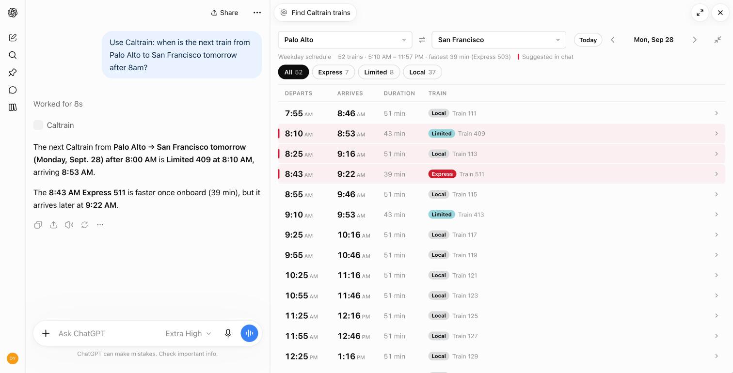 The full-day Caltrain timetable open next to the chat in ChatGPT