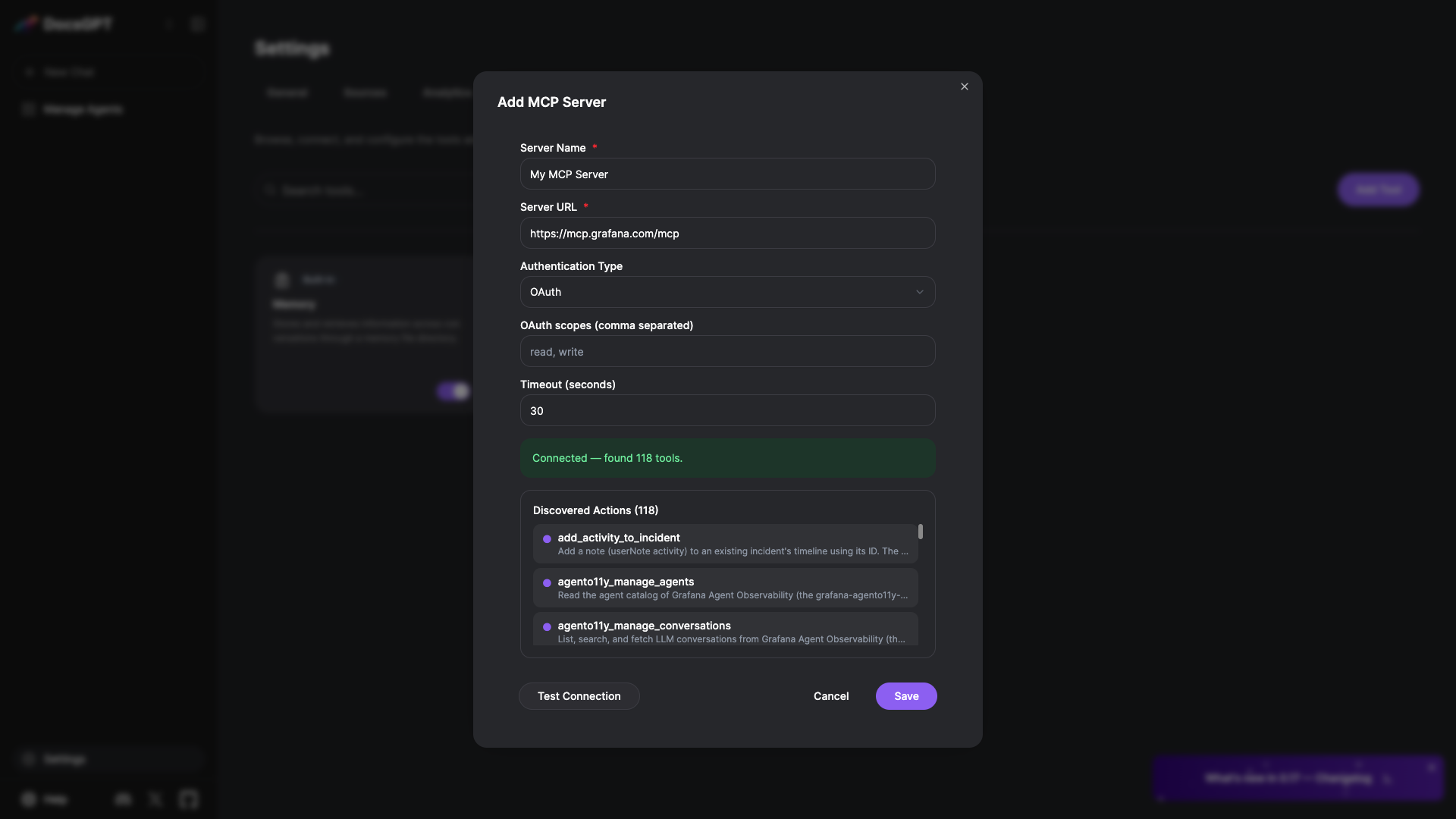 Connected, 118 tools discovered