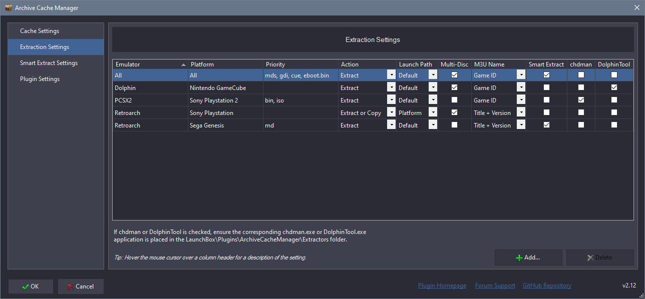 Achive Cache Manager config screen